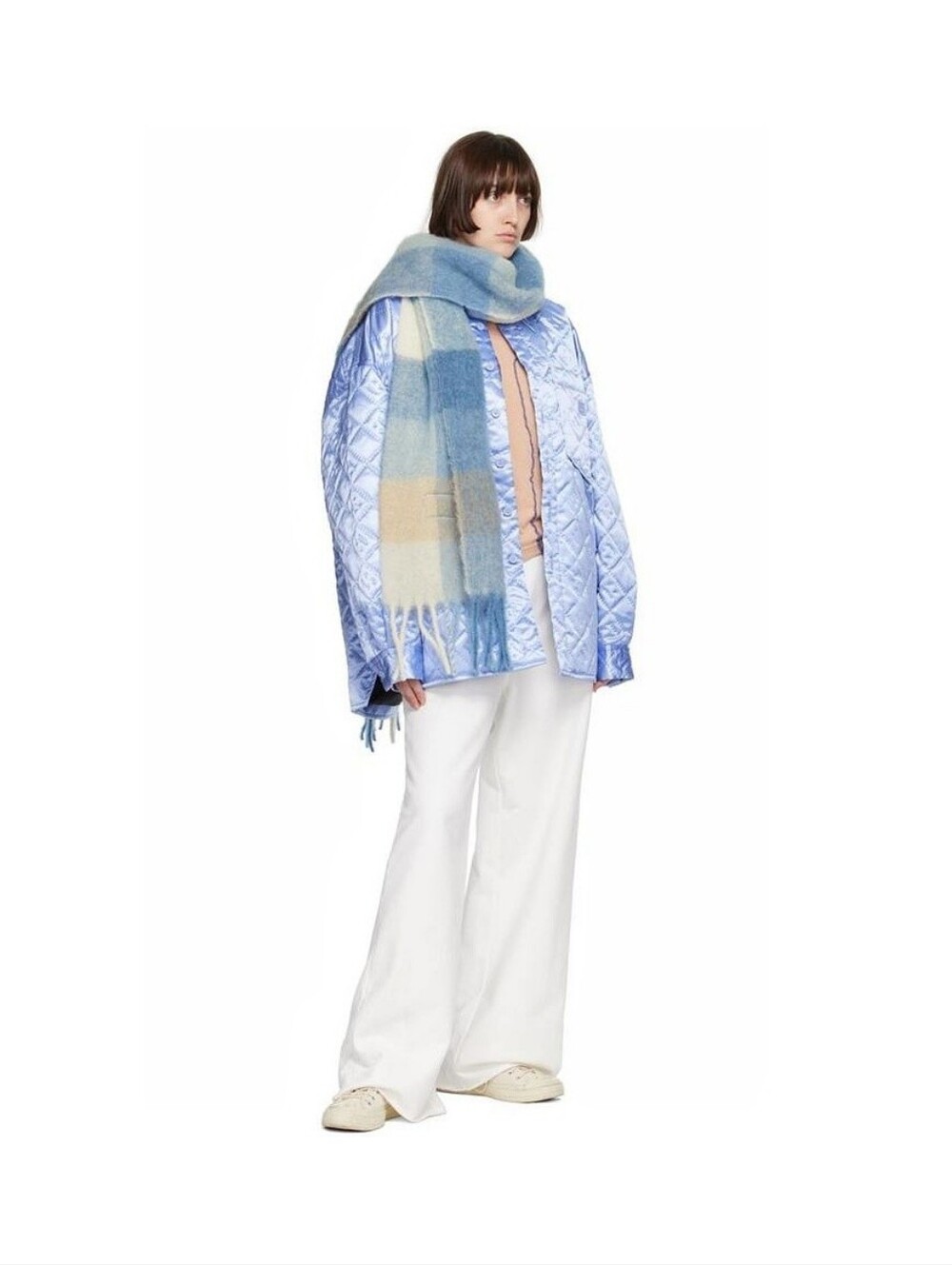 Acne Studios Blue Alpaca Plaid Check Fringe Scarf